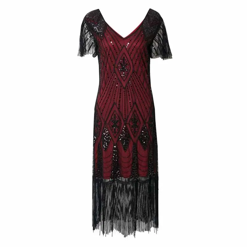 Women's 1920s Dress Sequin Art Deco Flapper Dress with Sleeve