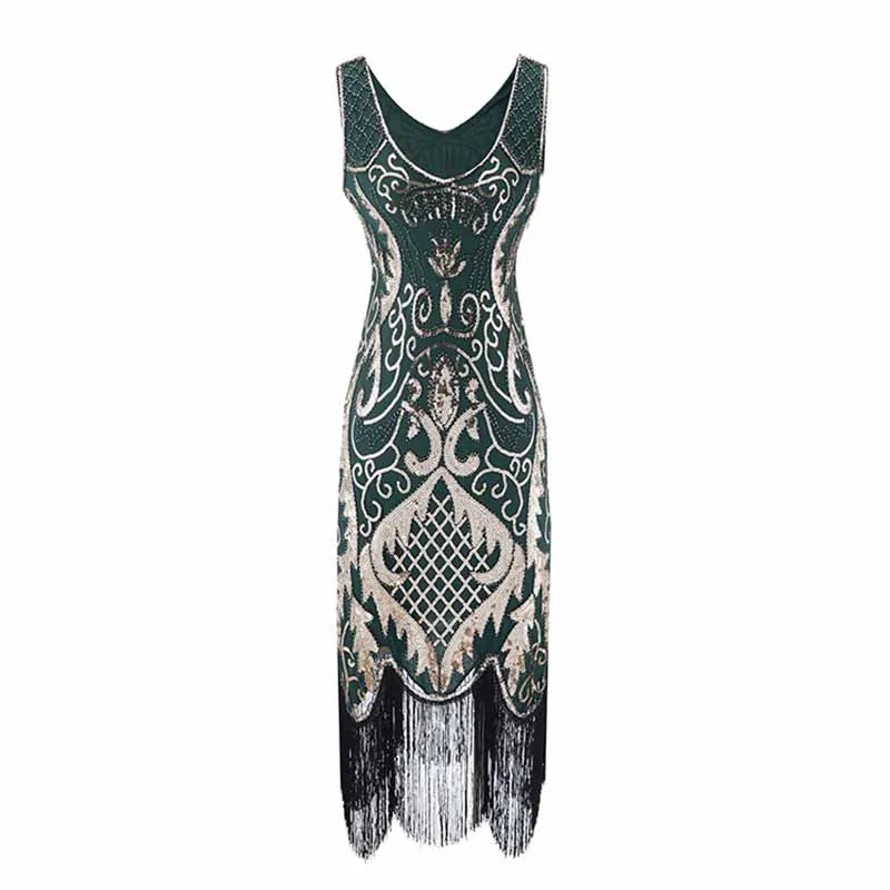Women's Flapper Dresses 1920s V Neck Beaded Fringed Great Gatsby Dress