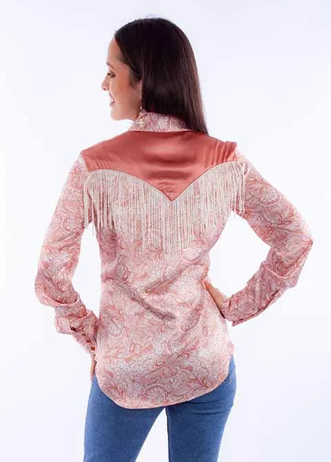 Women's Honey Creek Collection Blouse: Peach Print with Fringe