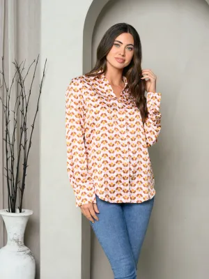 WOMEN'S LONG SLEEVE MULTI PRINT BUTTON UP SATIN COLLAR TOP