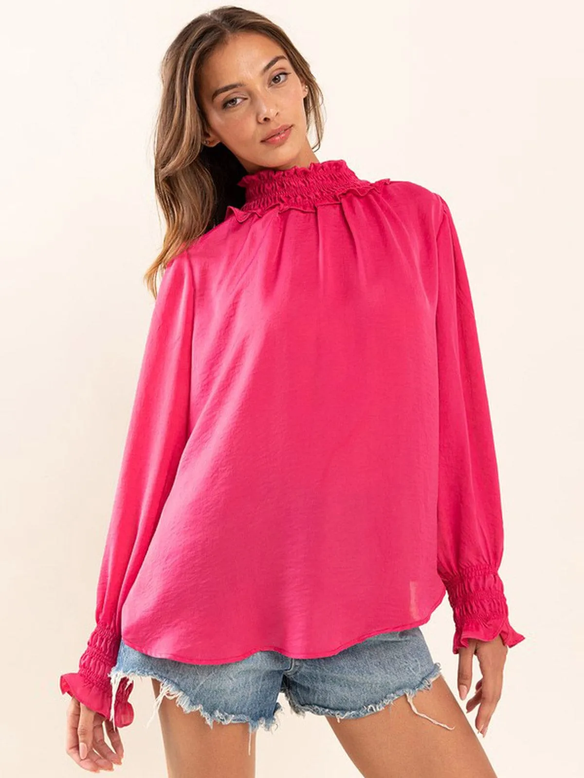 WOMEN'S LONG SLEEVE TURTLE NECK SOLID SATIN BLOUSE TOP