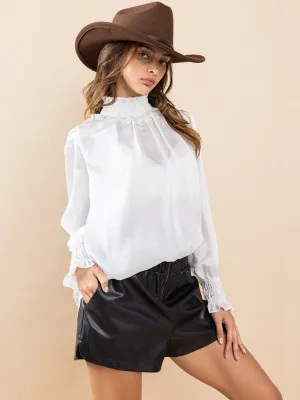 WOMEN'S LONG SLEEVE TURTLE NECK SOLID SATIN BLOUSE TOP