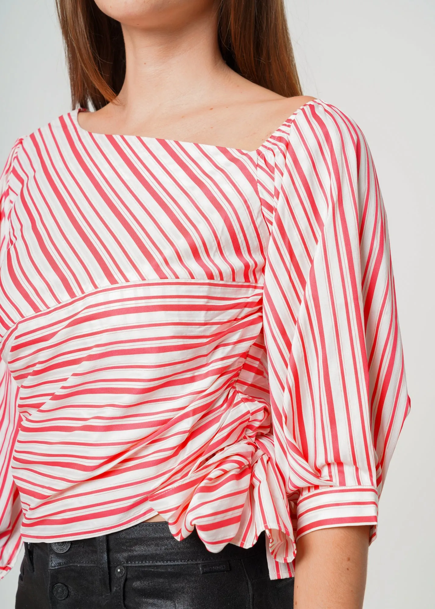 Women's Satin Stripe One Shoulder Blouse in Lipstick Stripe