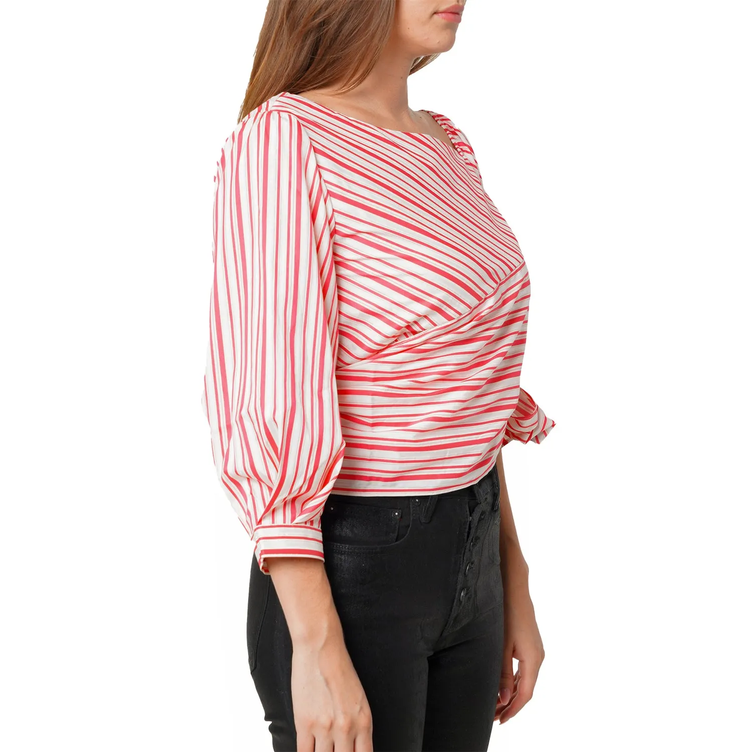 Women's Satin Stripe One Shoulder Blouse in Lipstick Stripe