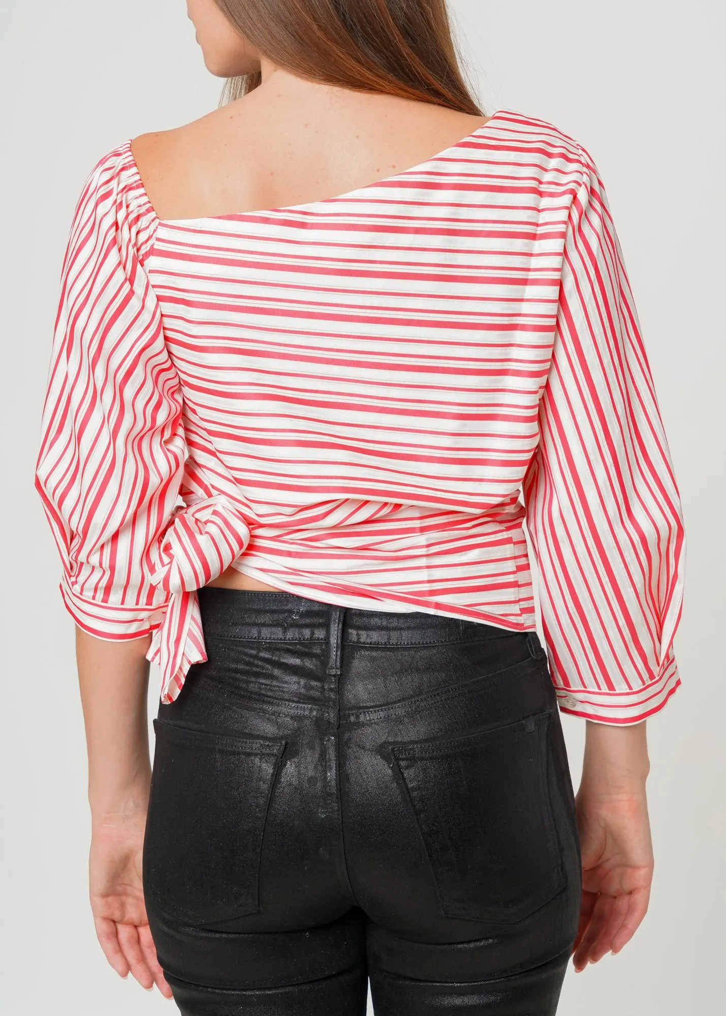 Women's Satin Stripe One Shoulder Blouse in Lipstick Stripe