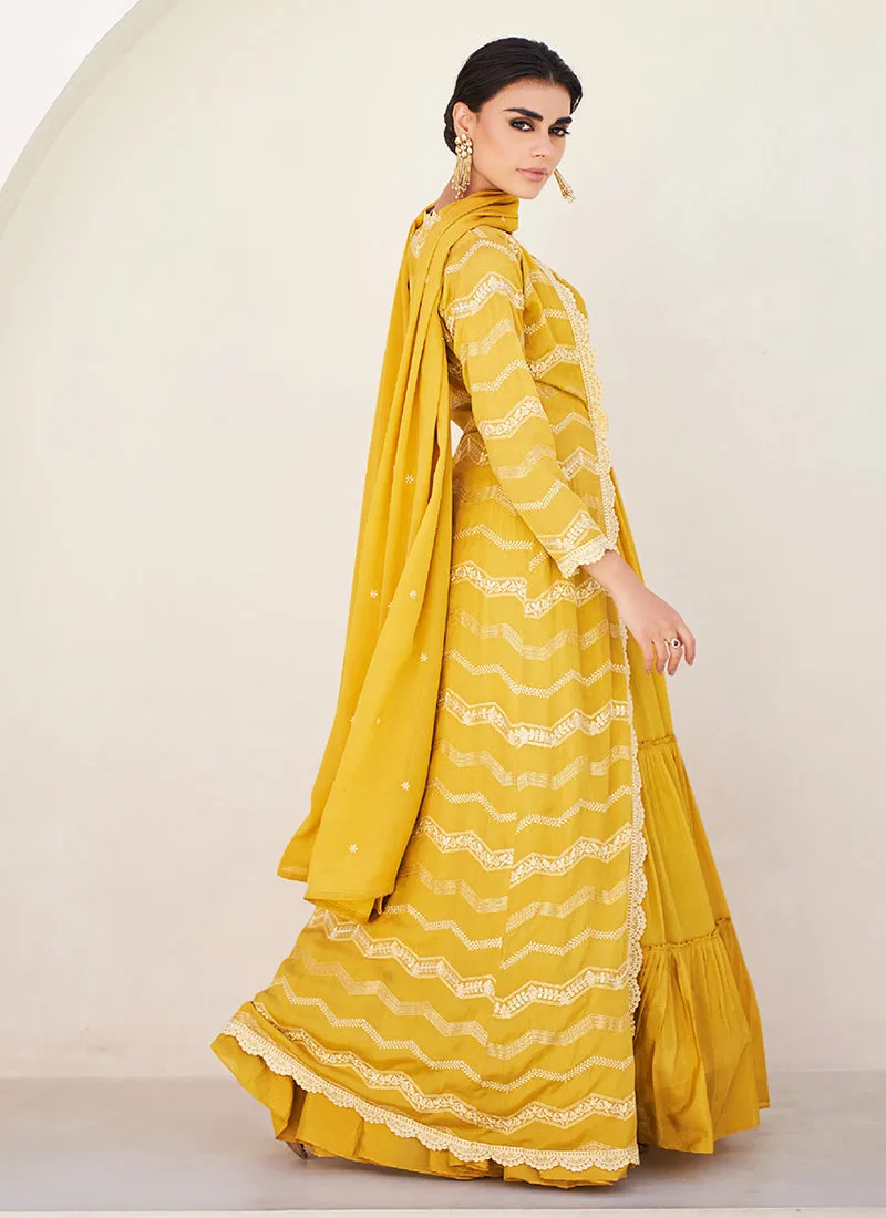 Yellow Designer Embroidery Anarkali Gown With Jacket