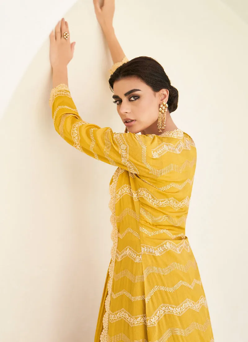 Yellow Designer Embroidery Anarkali Gown With Jacket