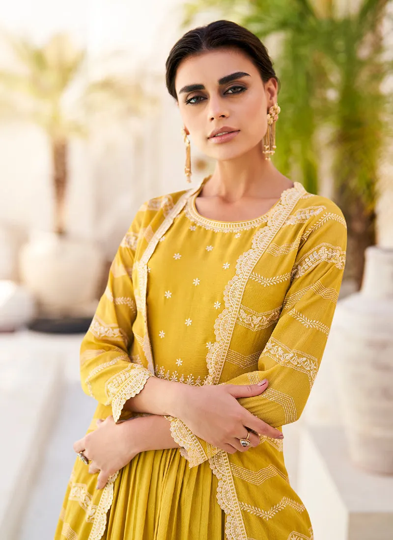 Yellow Designer Embroidery Anarkali Gown With Jacket