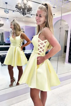 Yellow sweetheart satin short prom dress yellow cocktail dress